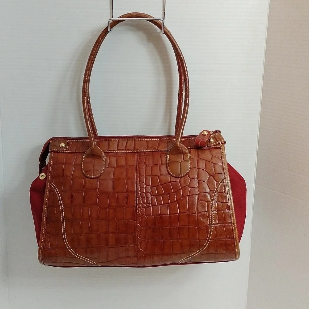 Franco Sarto Brown Croc Embossed Leather Satchel Red Interior Gold Hardware Y2K